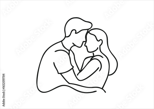 Elegant continuous line art capturing a tender romantic couple embracing closely with heartfelt emotion isolated on white background