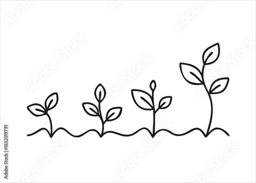 A delicate continuous line drawing depicting the organic progression of plant life from seedling to mature growth isolated on white background