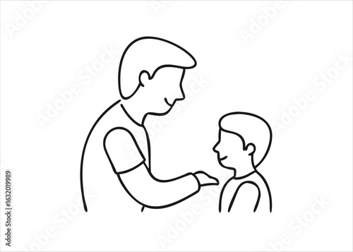 Artistic continuous line drawing depicting a loving young father gently giving a soft comforting embrace to his cherished child isolated on white background