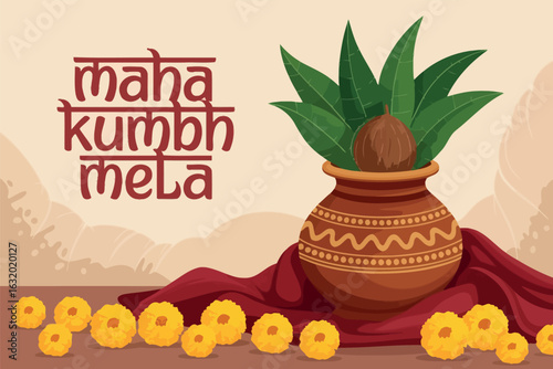 Maha Kumbh Mela Pot with Leaves and Marigold Flowers Illustration
