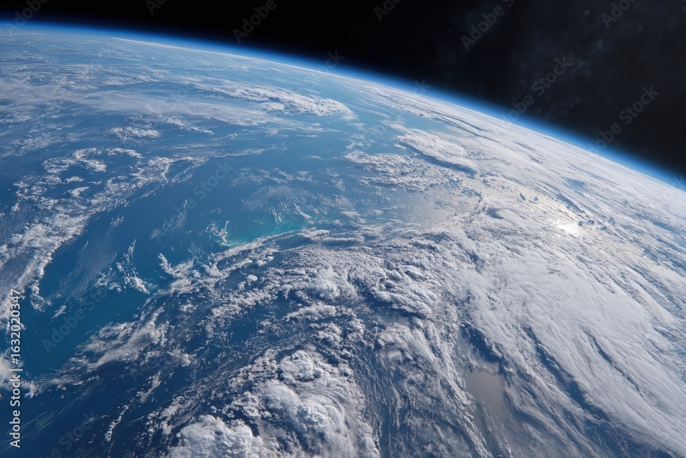 Obraz premium Panoramic view of Earth from orbit displaying vast oceans swirling clouds and the planet's curvature