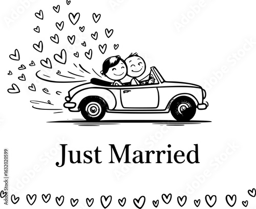 Newlyweds' Joyride: A cartoon illustration captures the essence of romance and togetherness, depicting a newly married couple joyfully driving away in a classic car.