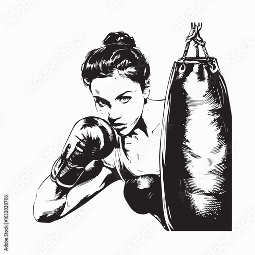 Woman Boxing Girl Punching Bag Vector Image Isolated on white background.