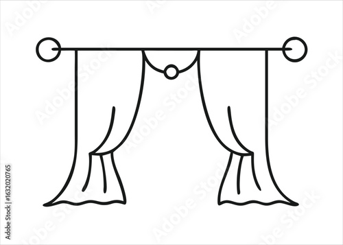 A simple continuous line art drawing of a draped fabric textile representing a curtain isolated on white background