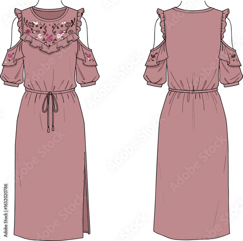 Elegant cold shoulder midi dress with floral embroidery, ruffle neckline, waist tie, short sleeves, fashion flat sketch vector