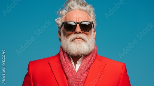 Stylish Senior Man in Red Jacket  Sunglasses  and Scarf