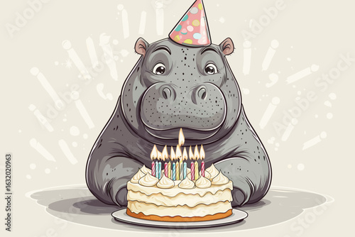 Cute hippo birthday celebration illustration