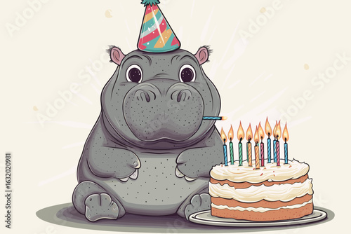 Cute hippo birthday celebration illustration