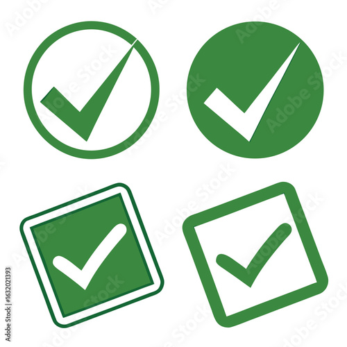 Vector art of a collection of green check marks in circles and squares, symbolizing approval, isolated on white background