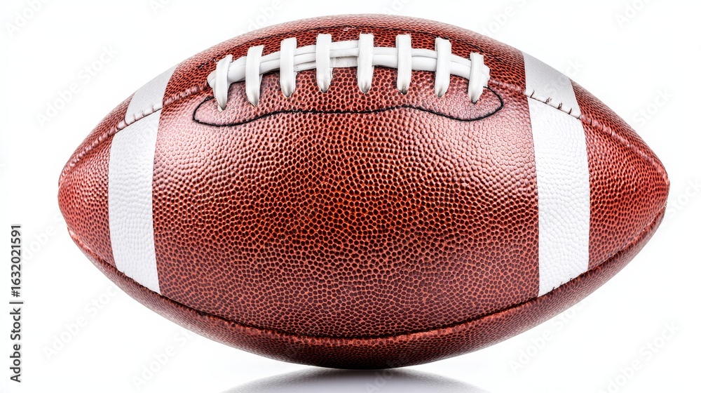 Fototapeta premium A close-up of a brown American football with white laces and black stitching,