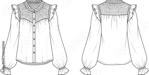 Smocked yoke long sleeve blouse, front button closure, shoulder ruffles, frill cuffs, elegant ladies top fashion flat vector