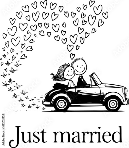 Newlyweds' Joyride:  A newlywed couple in a classic convertible car, happily embracing their new life chapter and surrounded by hearts representing love and shared dreams.