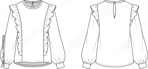Side ruffle long sleeve blouse fashion flat, round neck top with cuff sleeve and back keyhole, vector technical sketch