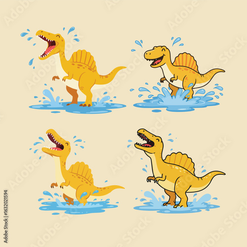Flat vector of a spinosaurus splashing in a puddle, cute dino illustration