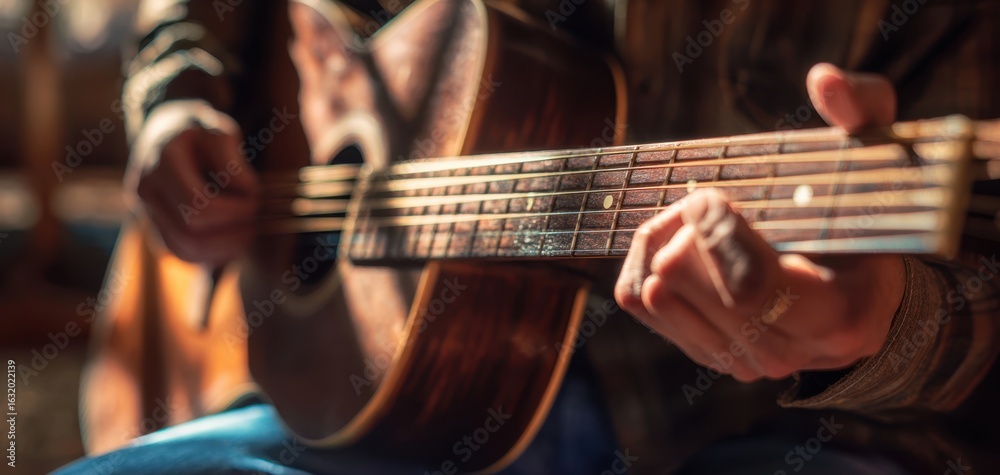 Fototapeta premium The musician strumming an acoustic guitar in a cozy indoor setting.