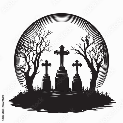 Spooky Gravestone Cemetery Vector Silhouette for Halloween or Horror Design