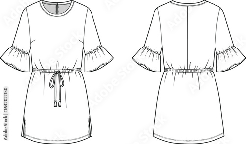 Flutter sleeve tunic dress flat sketch, drawstring waist, front and back view, technical fashion design, vector cad illustration
