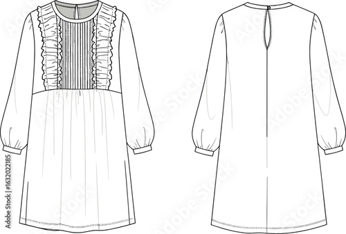Long sleeve dress flat sketch, ruffle yoke, front and back view, pintuck details, fashion cad drawing, technical illustration