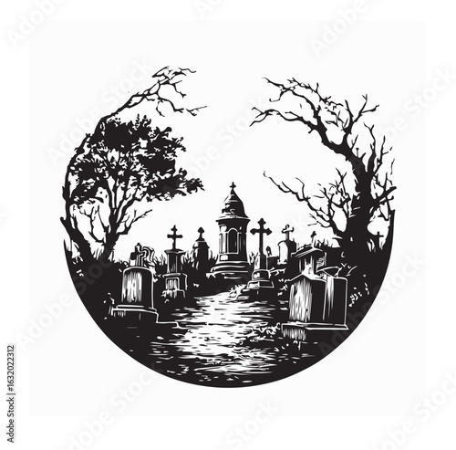Creepy Cemetery Gravestone Silhouette Vector Design for Spooky Halloween Scene