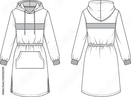 Hooded sweatshirt dress flat sketch, front and back view, kangaroo pocket, drawstring hood, elastic waist, fashion cad vector illustration