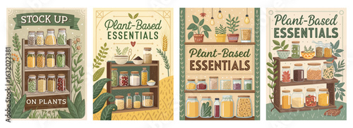 Set of four posters featuring illustrated shelves of plant-based essentials