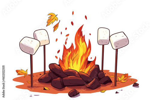 Cozy Campfire with Marshmallows and Autumn Leaves