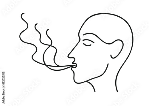 Minimalist continuous single line drawing of a man exhaling smoke from a cigarette elegantly rendered isolated on white background