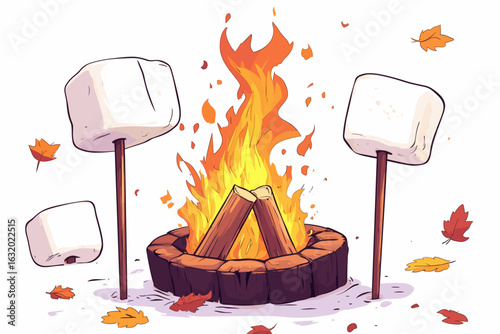Cozy Campfire with Marshmallows and Autumn Leaves