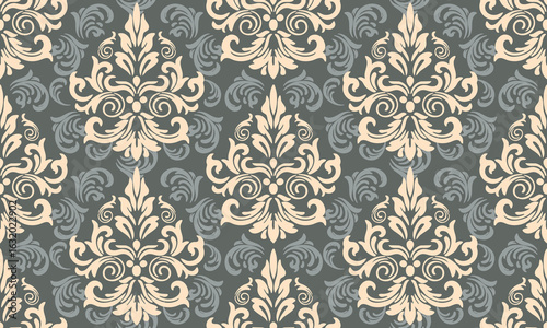 Damask Pattern on Deep Olive Gray Seamless Surface