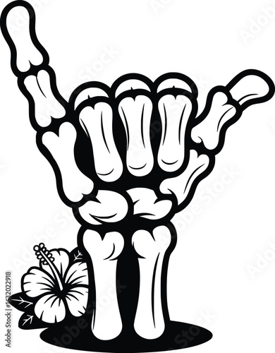 Skeleton Shaka Hand Sign with Hibiscus Flower Vector Art.