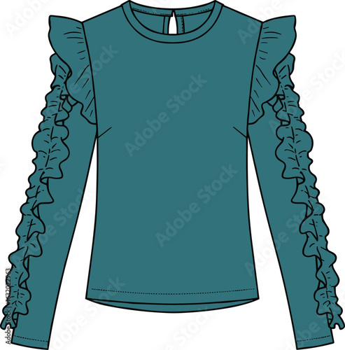 Flat sketch of teal ruffle sleeve top with shoulder and arm frill detailing, long sleeve design, CAD fashion vector illustration