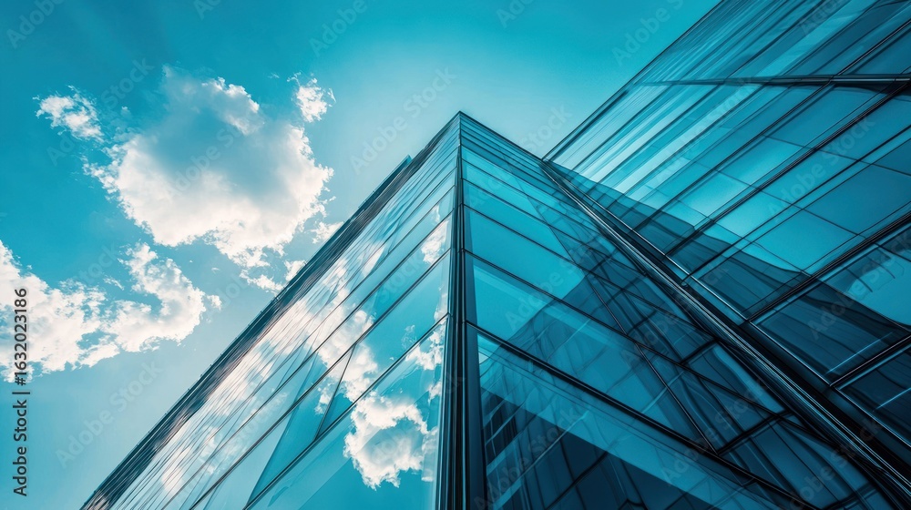 Obraz premium A modern glass skyscraper with a blue sky and white clouds as its background.