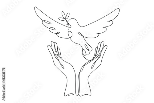 Line art of hands releasing dove with olive branch