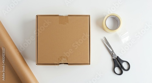 A packaging flat lay with a kraft box tape scissors