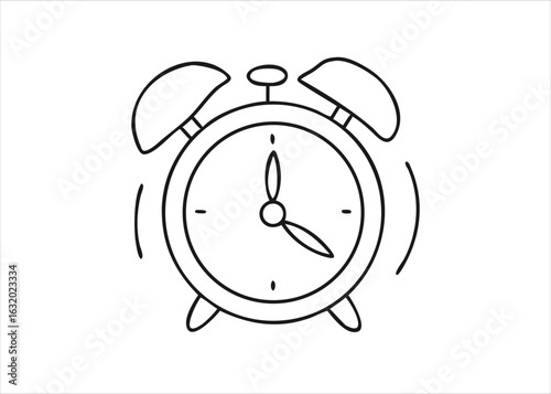 A classic single line sketch of a retro timekeeping device with a prominent bell and striking hammer isolated on white background
