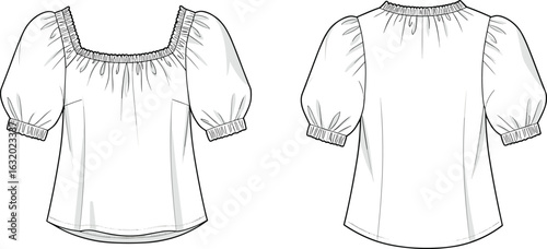 Puff sleeve square neck blouse flat sketch with gathered neckline, short sleeves and elastic cuffs, vector fashion illustration drawing
