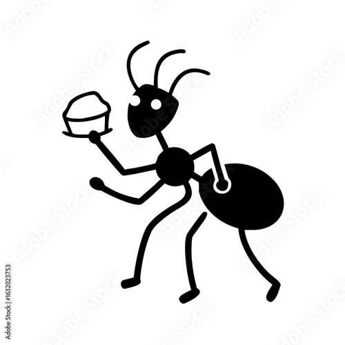 Black silhouette of an ant carrying food on a white background with a playful stance
