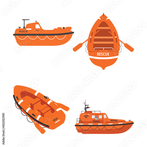 Flat vector of a lifeboat with visible paddles and rescue signage, water transportation vehicle