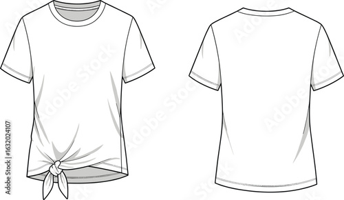 Flat vector drawing of women’s short sleeve t-shirt with front tie knot, basic crew neck top front and back view