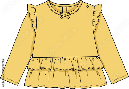 Yellow long sleeve ruffle layered baby dress with bow neck detail, cute toddler girlswear fashion flat vector illustration