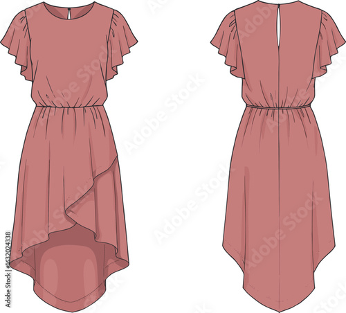 Girls flutter sleeve asymmetrical pink dress, elegant high-low hem fashion illustration, kidswear flat vector design for party outfit
