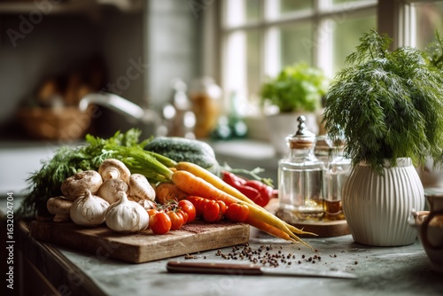 Fresh organic vegetables and herbs on a rustic wooden table in a cozy kitchen interior. Healthy food ingredients with natural light and homely atmosphere.