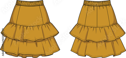 Layered ruffle skirt in mustard color, elastic waistband, flowy feminine fashion, kids wear flat vector illustration front and back