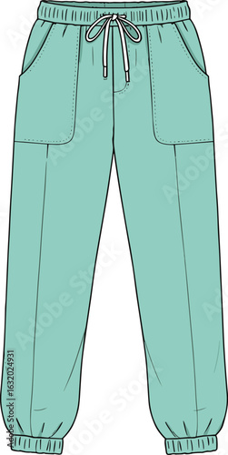 Casual jogger pants for girls with elastic waistband and drawstring, front pocket design, fashion flat sketch vector illustration