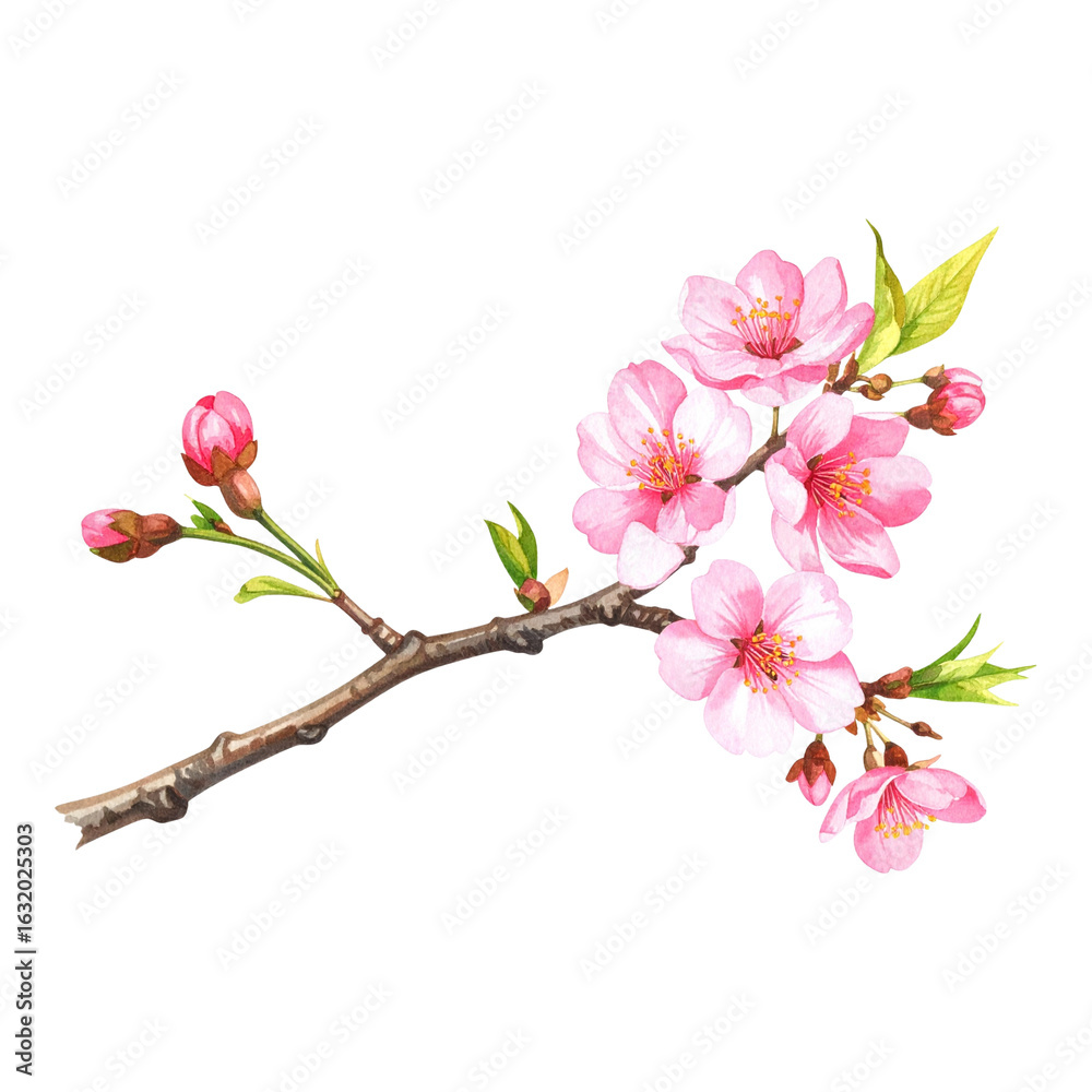 Delicate branch of blossoming pink flowers, detailed watercolor style. Delicate branch of blossoming pink flowers, detailed watercolor style.