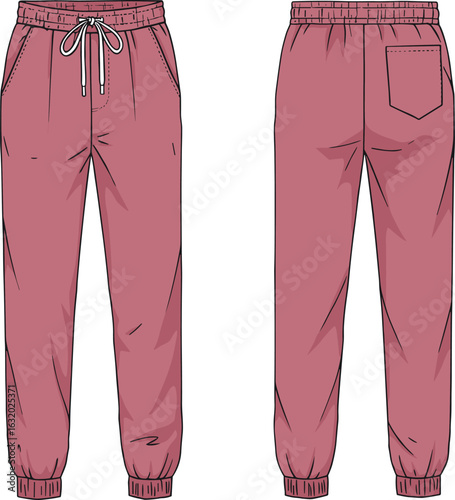 Casual drawstring jogger pants with elastic waistband and ankle cuffs, front and back pockets, flat vector CAD fashion sketch