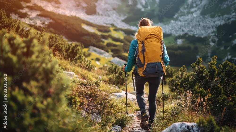 Obraz premium A hiker with a yellow backpack hiking on a mountain trail with a backpack and hiking poles.