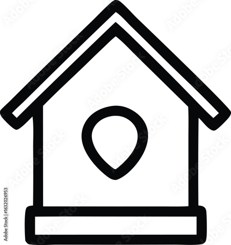 Simple outline icon of a birdhouse with a teardrop shaped entrance for avian shelter and nesting