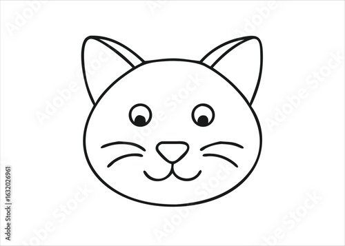 Charming feline visage simplified line art depicting a cute cat face in stark black outline isolated on a pure white background isolated on white background