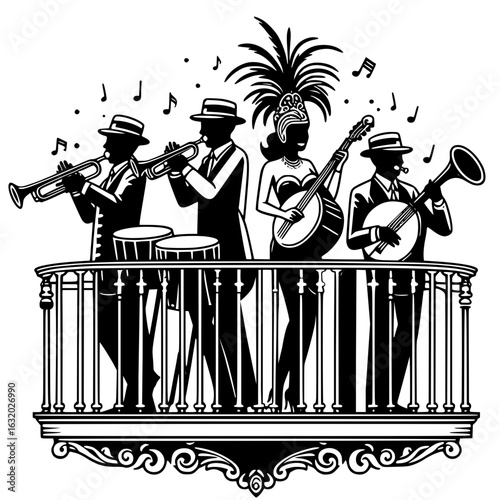 Jazz band performing with joy on a New Orlean balcony